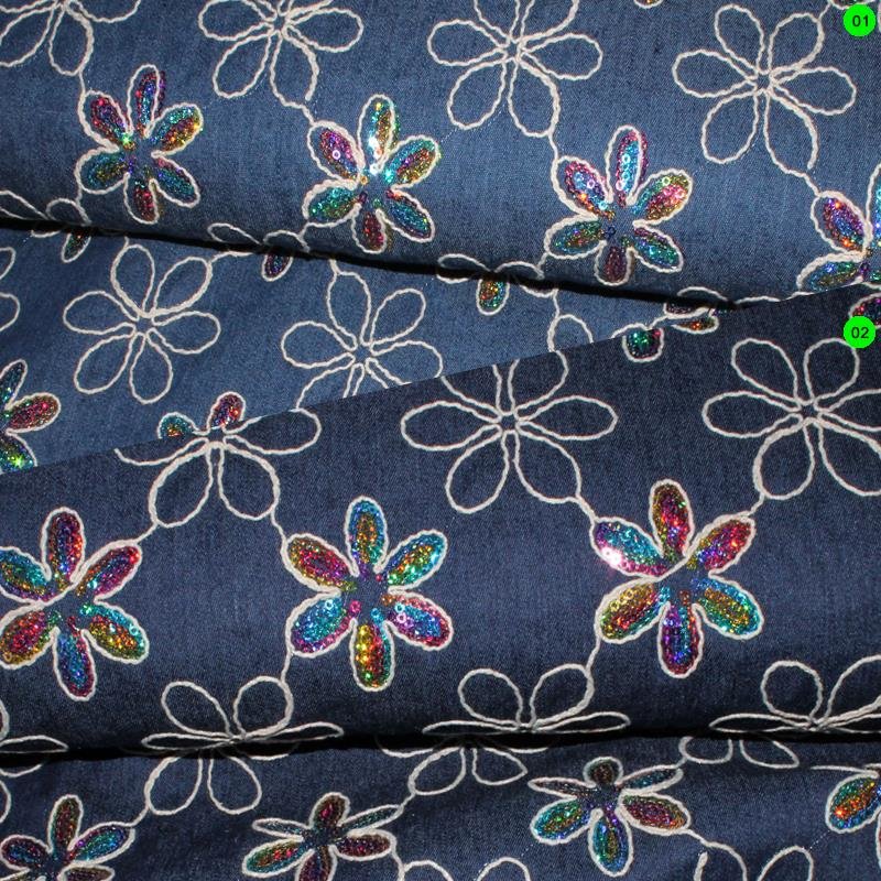 Jeans Pailletten Stickerei Blumen 02 blau