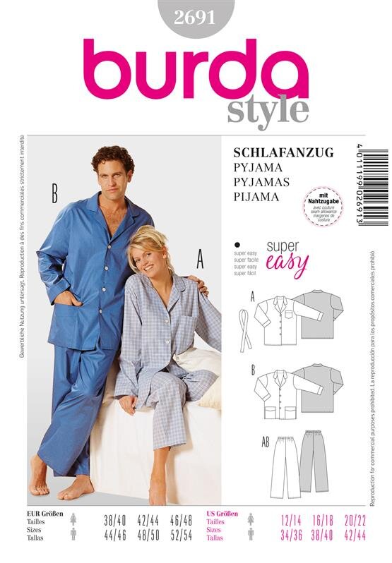 Burda Schnittmuster Damen/Herren Schlafanzug Gr. Gr. 38 - 48 + 44 - 54