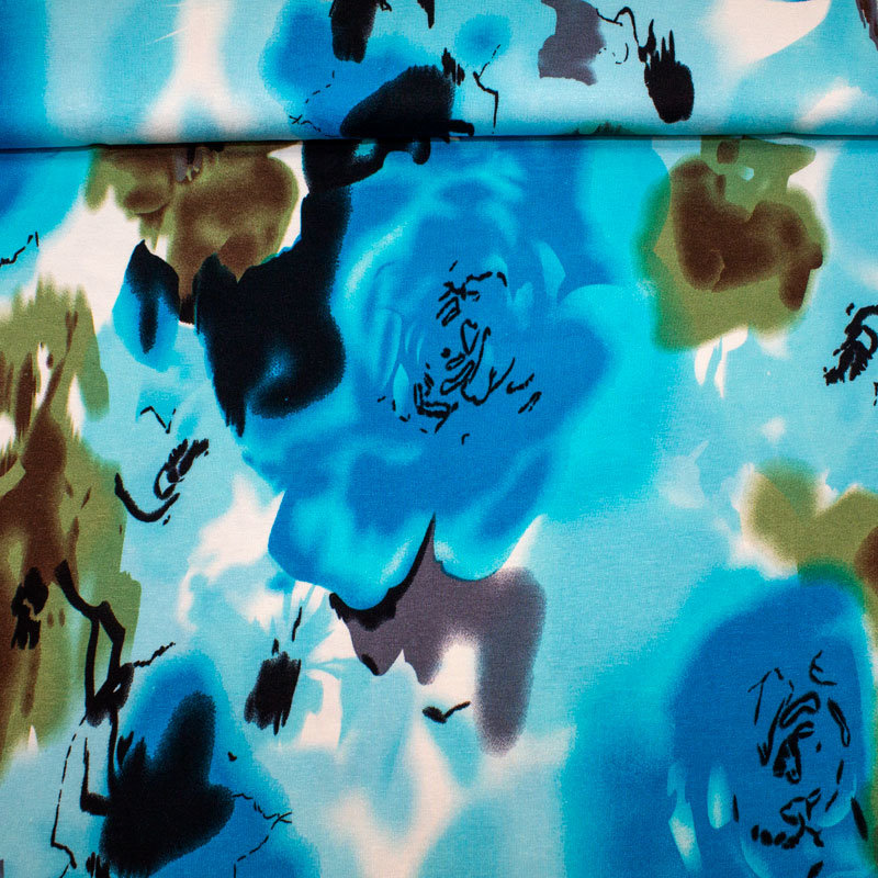 Jersey Viskose DIGI Druck Blumen 04 türkis-oliv