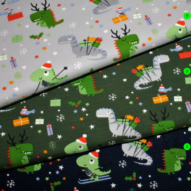 Baumwolljersey Weihnachten-Dino ÖkoTex 02 dunkelgrün