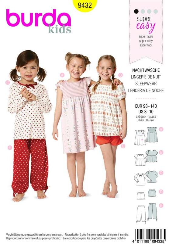 Burda Schnittmuster Baby/Kinder Nachtwäsche Gr. 98 - 140