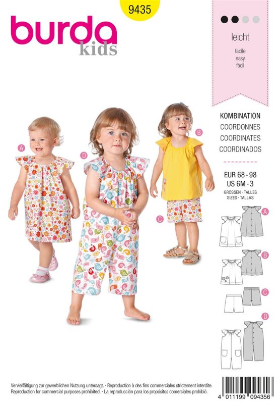Burda Schnittmuster Baby/Kinder Overall + Kleid + Hose Gr. 68 - 98