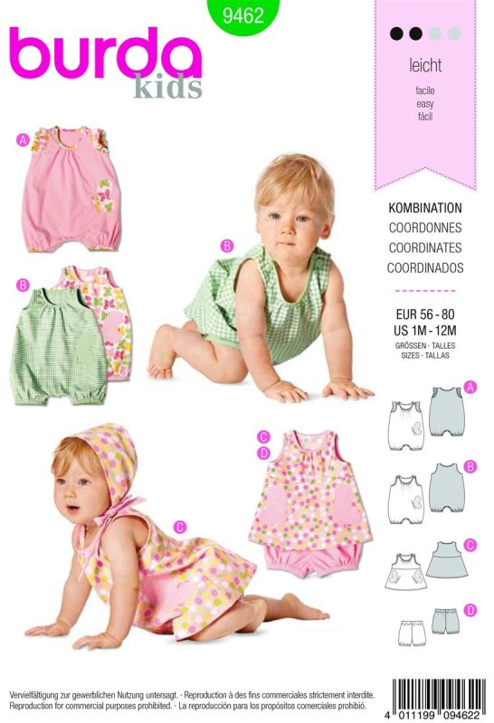 Burda Schnittmuster Baby Overall + Kleid + Hose Gr. 56 - 80