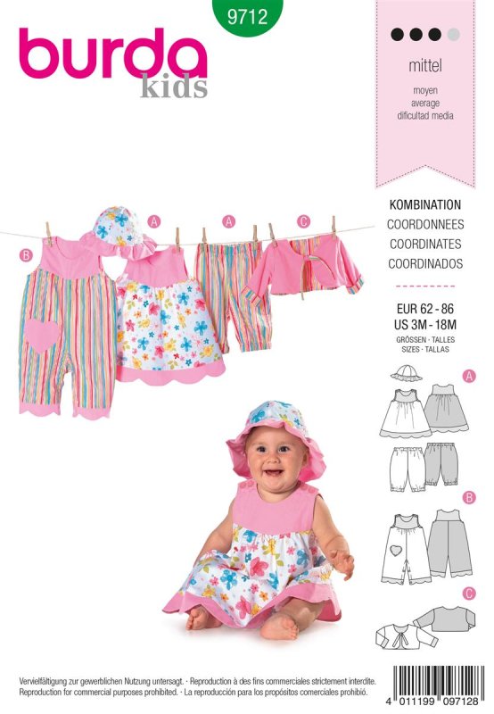 Burda Schnittmuster Baby Kleid + Overall + Hose + Jacke Gr.  62 - 86
