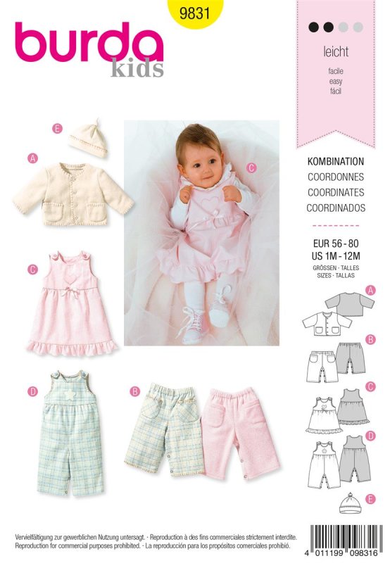 Burda Schnittmuster Baby Overall + Kleid + Jacke + Hose Gr. 56 - 80
