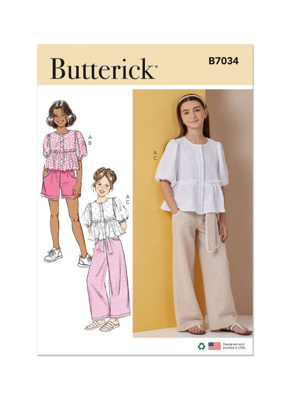 Butterick Schnittmuster Kinder Oberteil, Shorts, Hose und Schärpe, 128-152