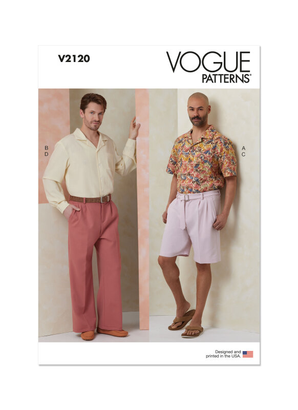 Vogue Schnittmuster Herrenhemd mit Ärmelvariationen, Shorts, Hose und Gürtel