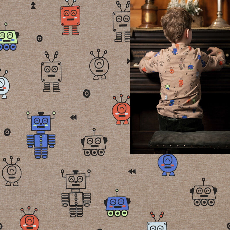 Modestoffe Kinder,Jersey melange neon Roboter,taupe,  (Langarm)