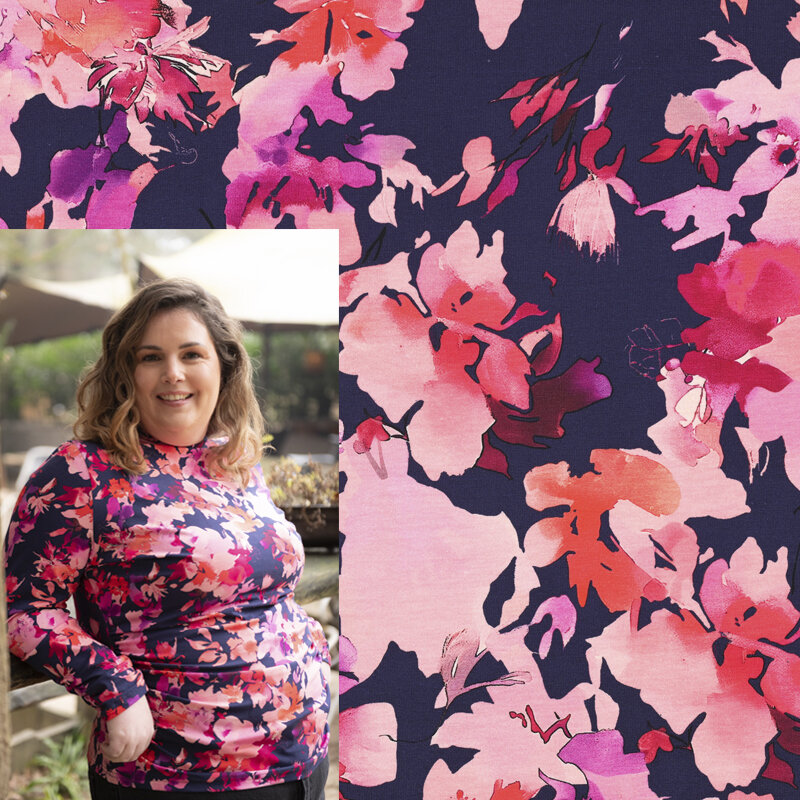 Modestoffe Damen,Jersey Digital Blumen, marine-pink,  (Top)