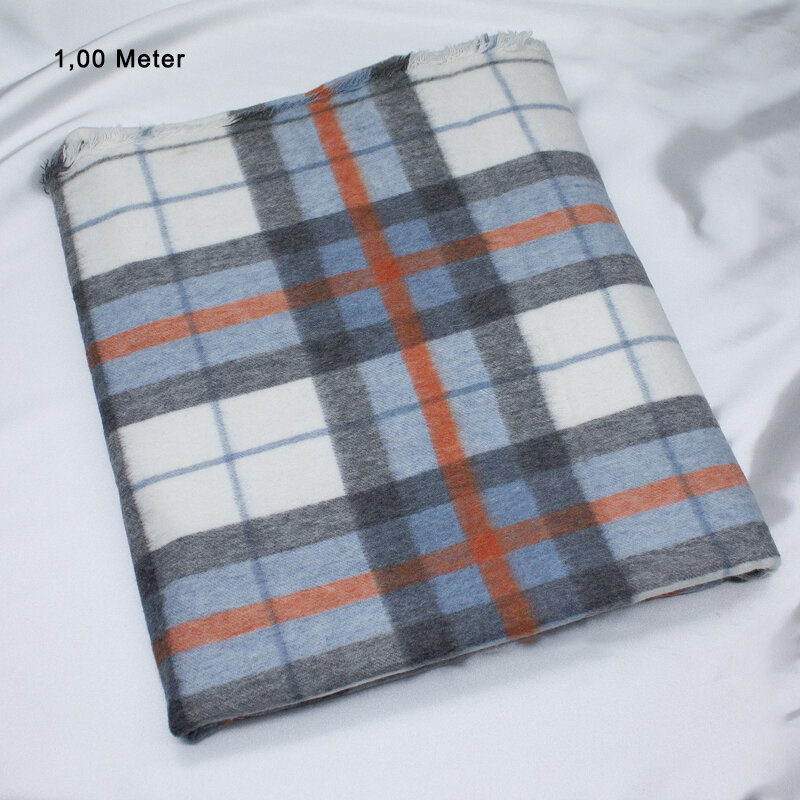 Wollflanell Karo ecru-blau-orange, 1,0 Meter