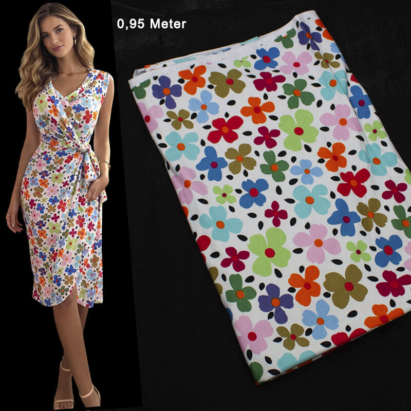 Jersey Druck Blumen, weiß, 0,95 Meter