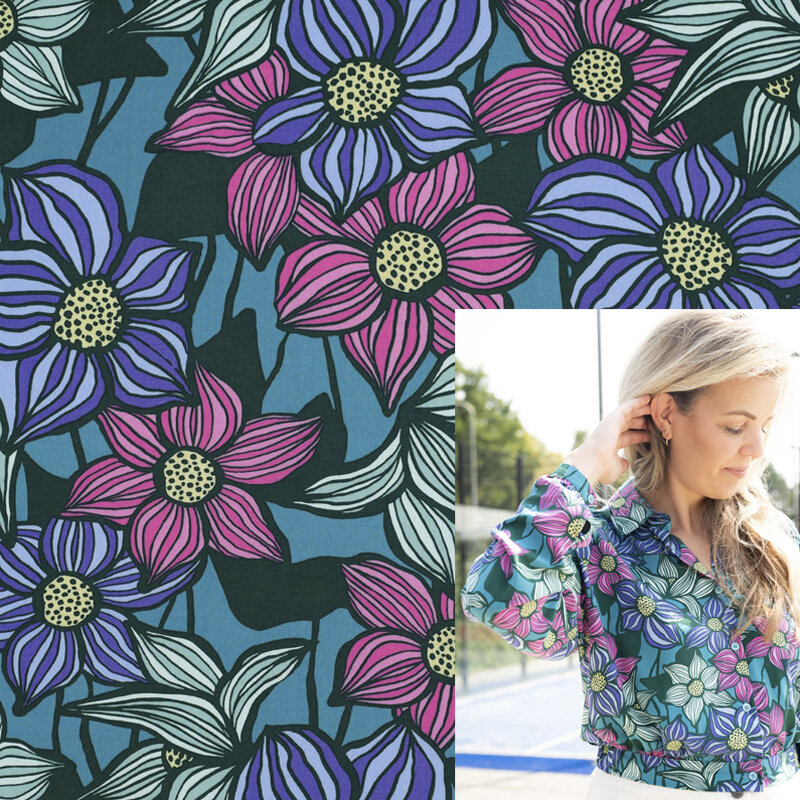 Modestoffe Damen, Viskose Lenzing "Ecovero", Blumen, petrol ( Bluse)