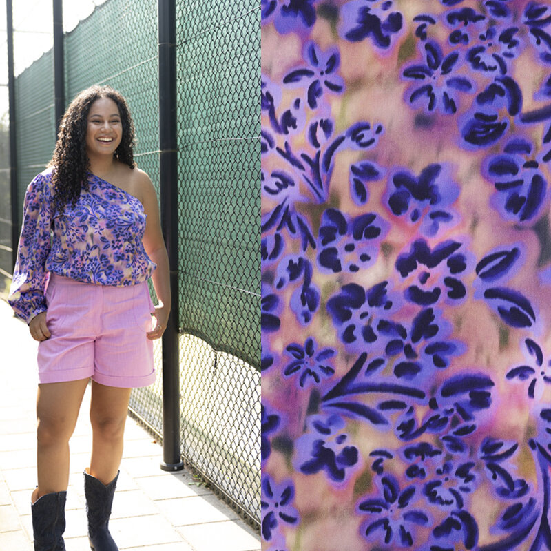 Modestoffe, BW Satin Digital Blumen, lila-violett  (Bluse)