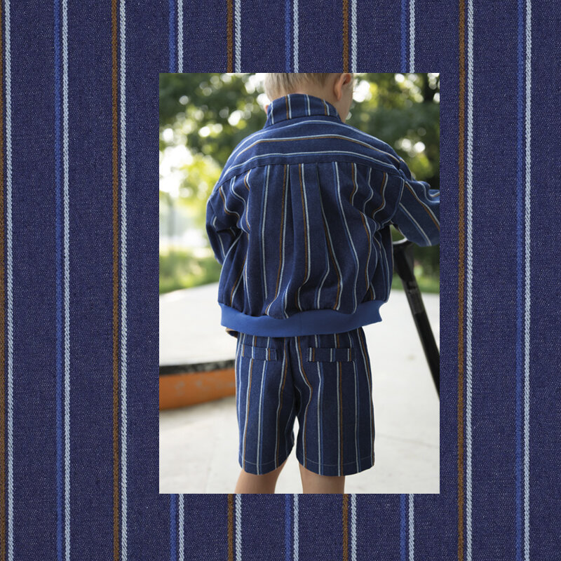 Modestoffe Kinder, Denim Streifen, Indigo  (Jacke + Shorts)
