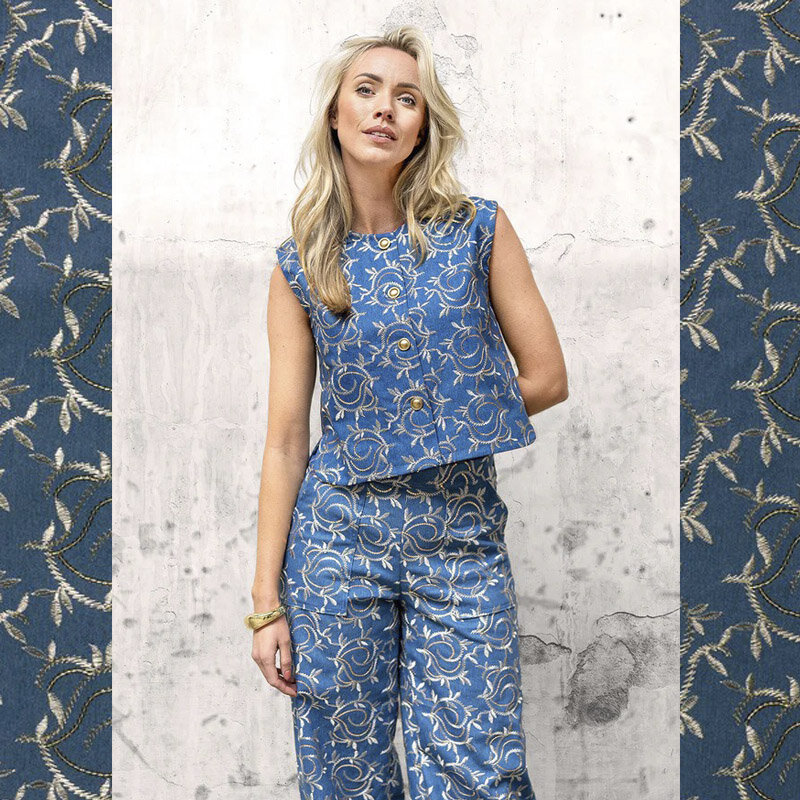 Modestoffe Damen, Jeans Stoff Blätter, Indigoblau (Top + Hose)