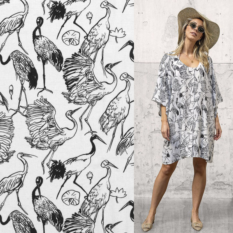 Modestoffe Damen, Viskose-Leinen Stoff bedruckt, Vögel Weiß (Tunika/Kleid)