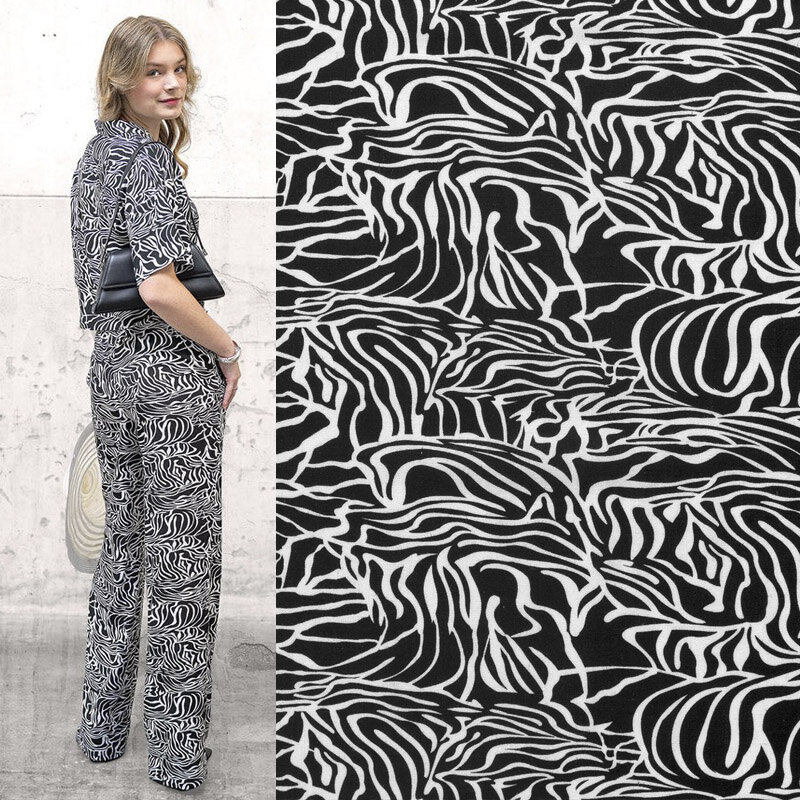 Modestoffe Damen, Viskose-Leinen Stoff bedruckt, Zebra Weiß (Bluse + Hose)