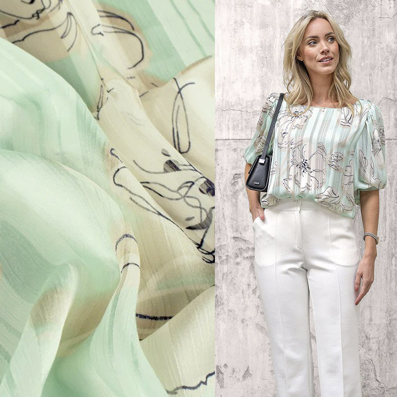 Modestoffe Damen, Chiffon bedruckt, Blumen Mint (Bluse)